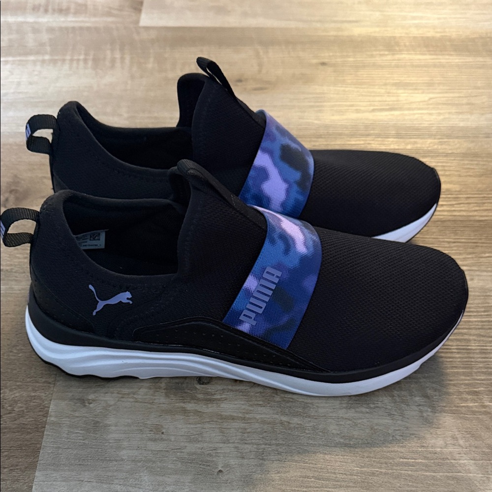 Puma Black Soft Foam Sophia Slip-On Sneakers with Purple Camo Strap